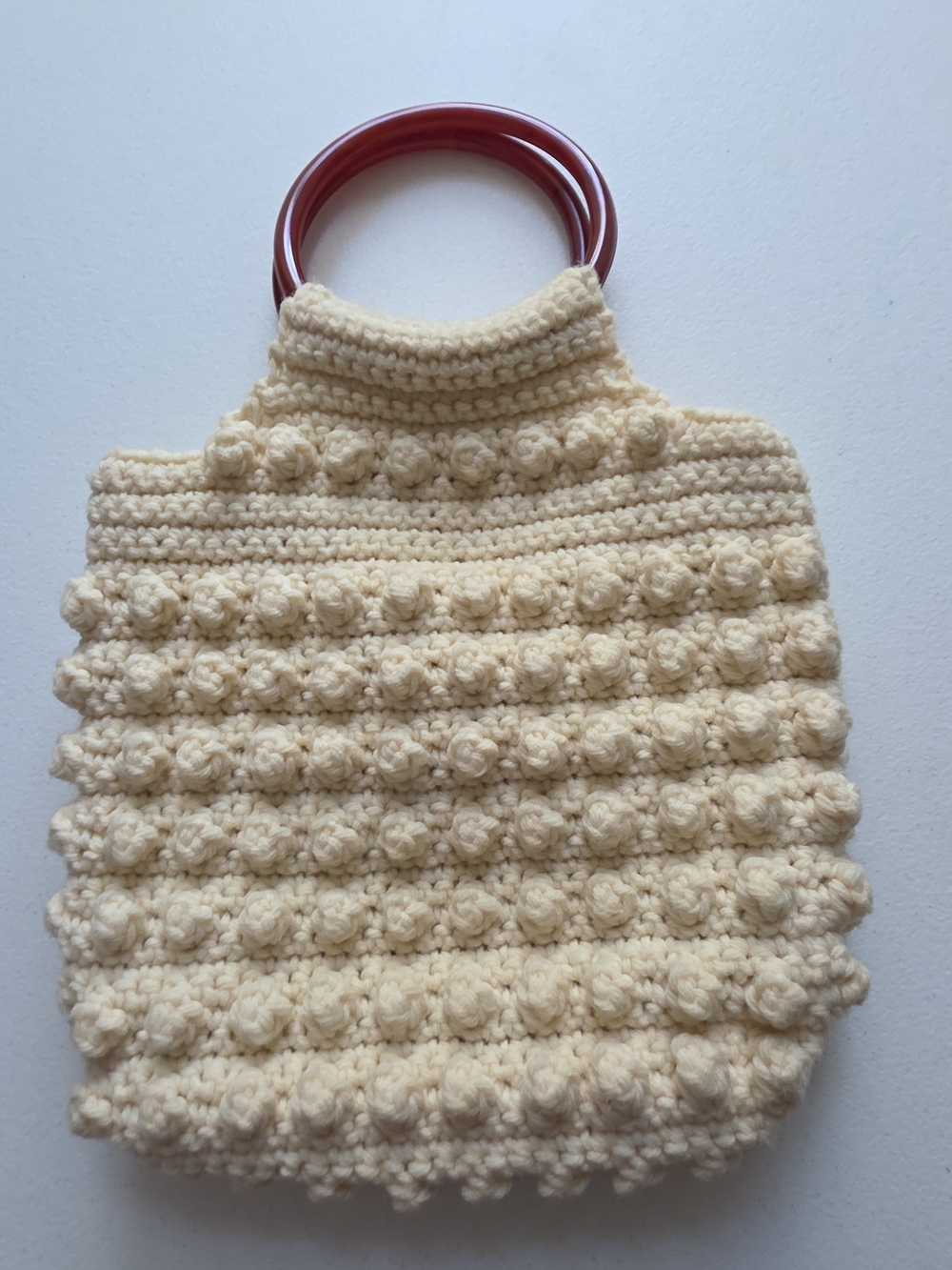 Cream Crochet Tote with Red Circular Handles